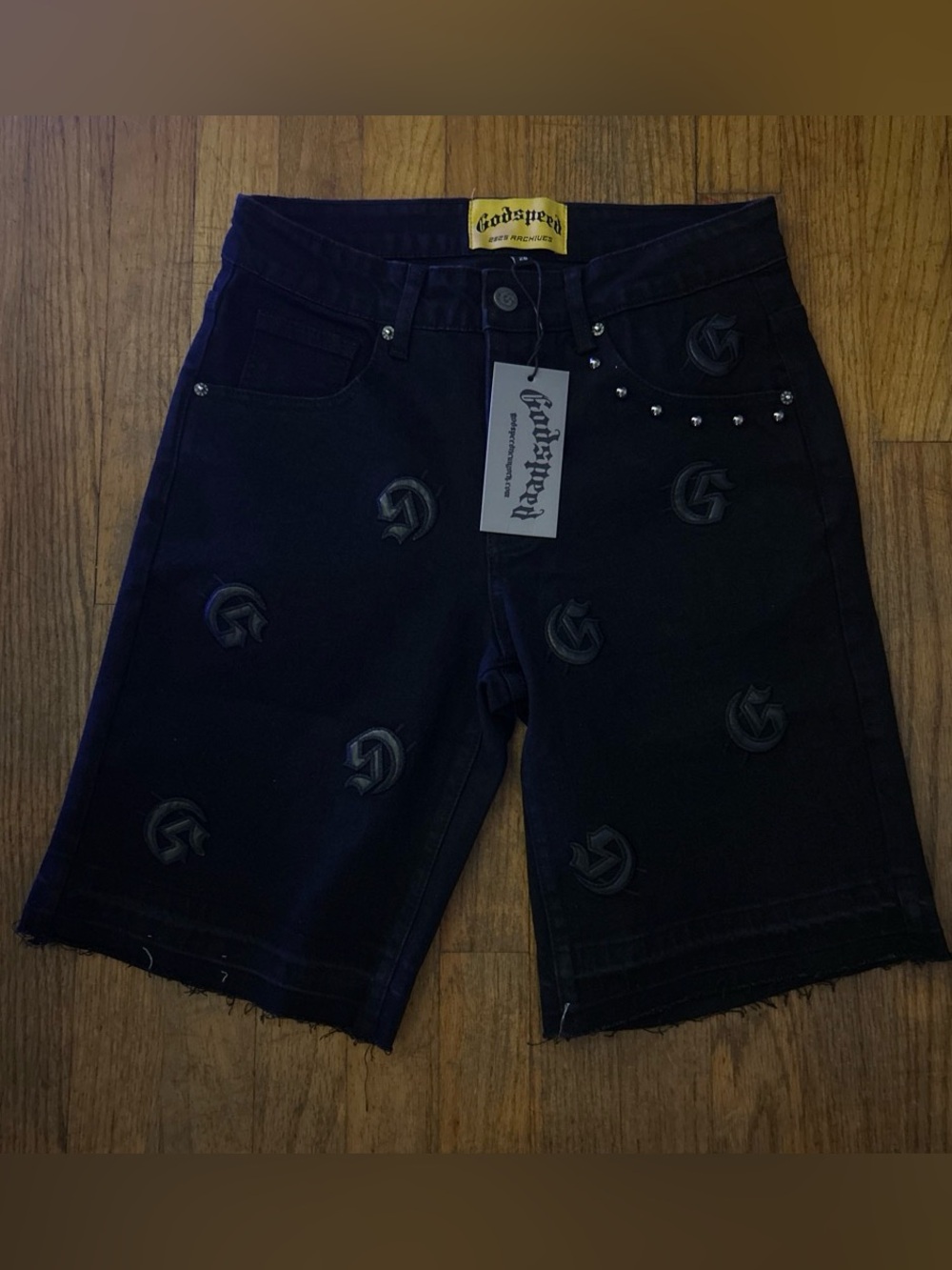 Aspeed Black Studded Embroidered Denim Shorts